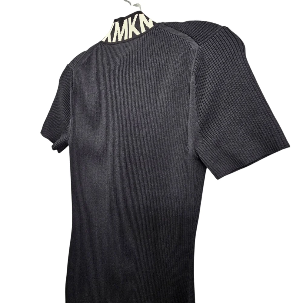 Nwot Michael Kors Black Ribbed Knit MK Logo Neckline Shortsleeve Zipfront Dress - Picture 16 of 17